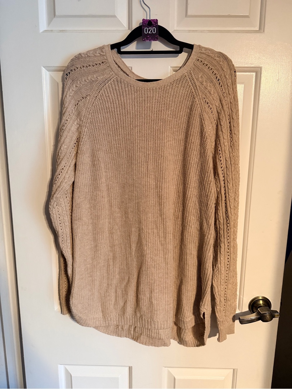 Sonoma Beige Open-Stitch Sleeve Crewneck Sweater